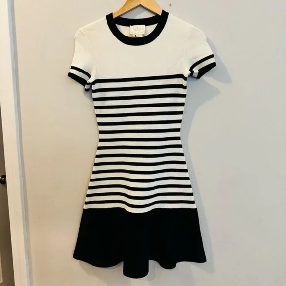 Kate Spade drop waist Scuba dress XXS black ivory stripe fit & flare - Picture 4 of 11